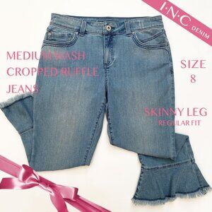 INC Blue Vintage Medium Wash Cropped Ruffle Jeans Size 8 Skinny Leg Regular Fit